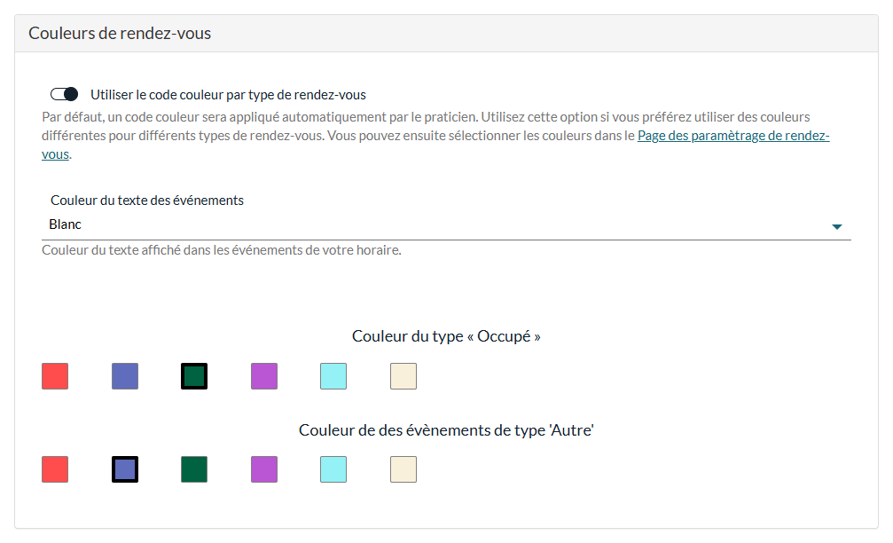 Section Couleurs de rendez-vous avec l'option Utiliser le code couleur par type de rendez-vous