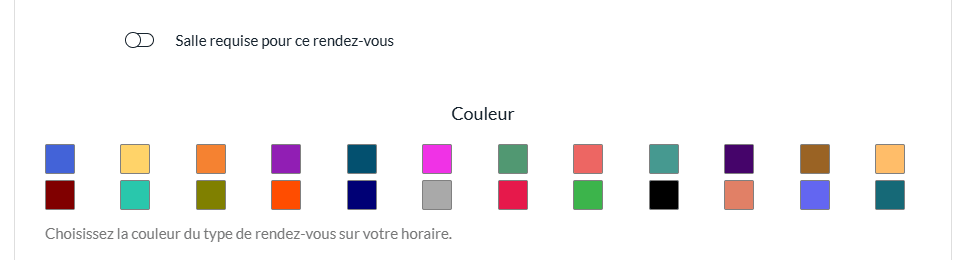 Palette de couleurs dans la fenêtre d'un type de rendez-vous