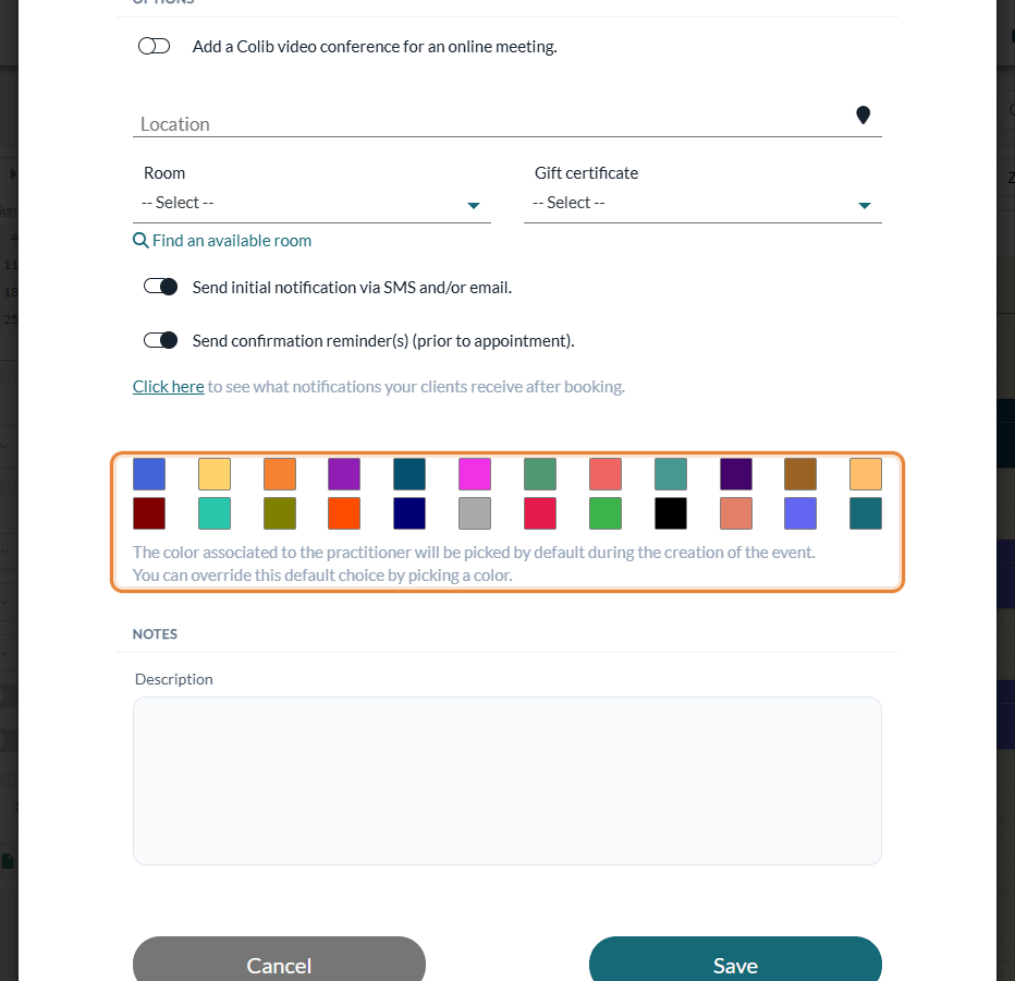 Color palette displayed in the appointment window after More actions > Change color