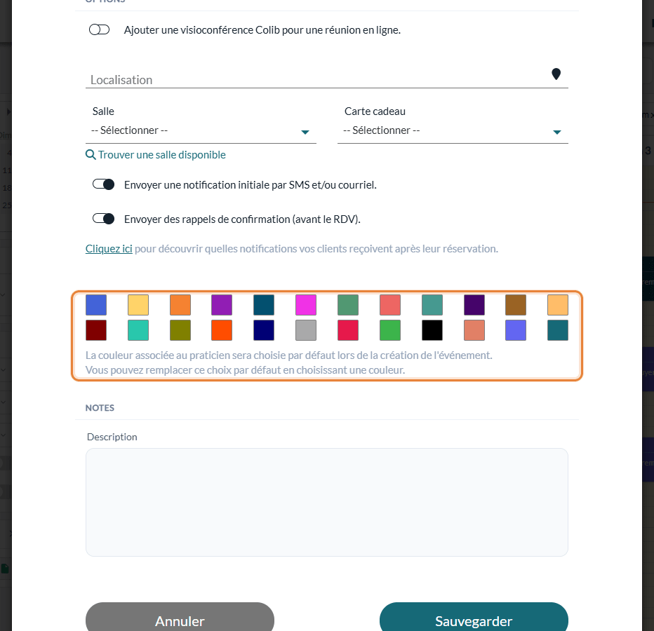 Palette de couleurs affichée dans la fenêtre du rendez-vous après Plus d'actions > Changer de couleur