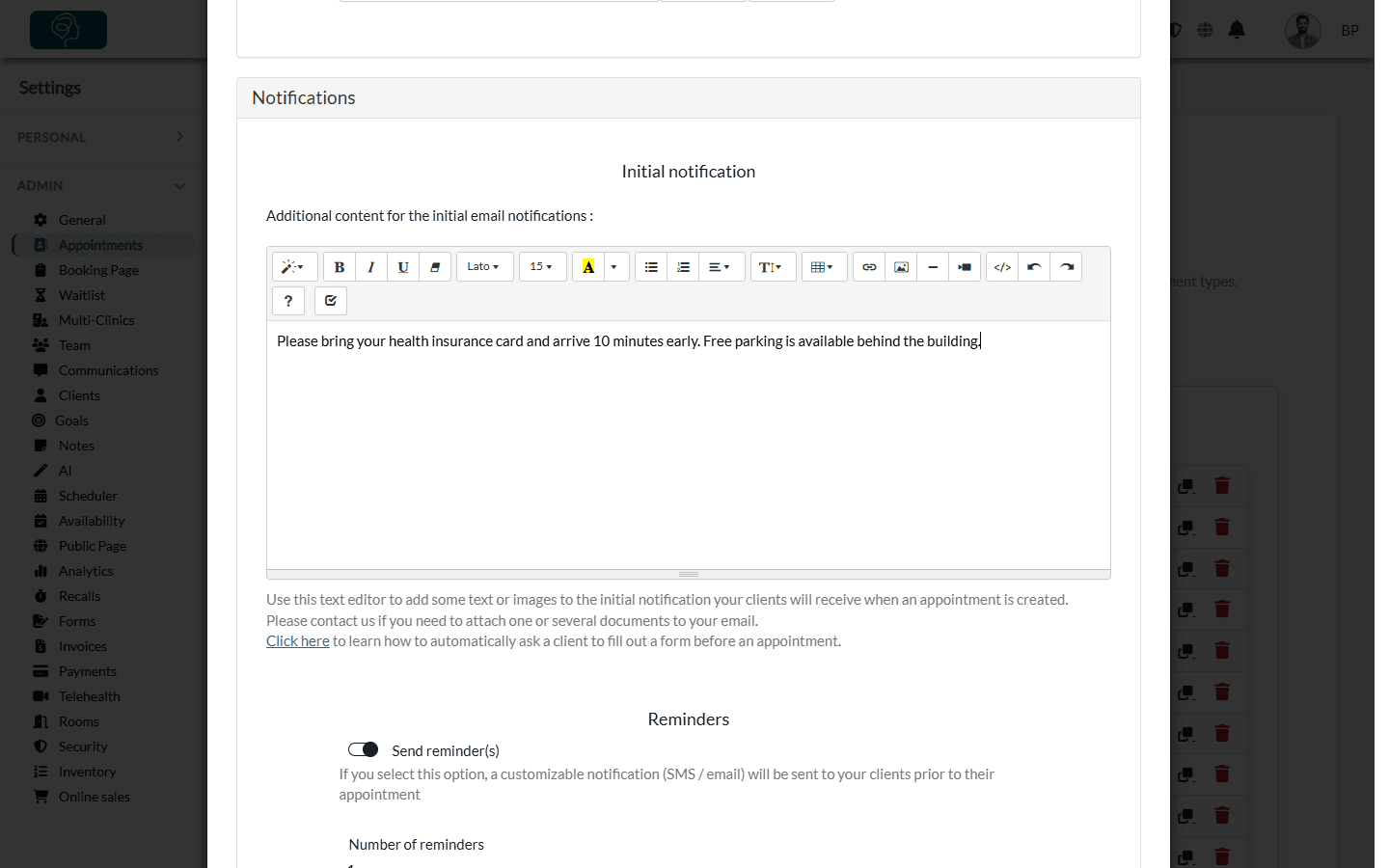Additional content for the initial email notifications in the Notifications section of an appointment type