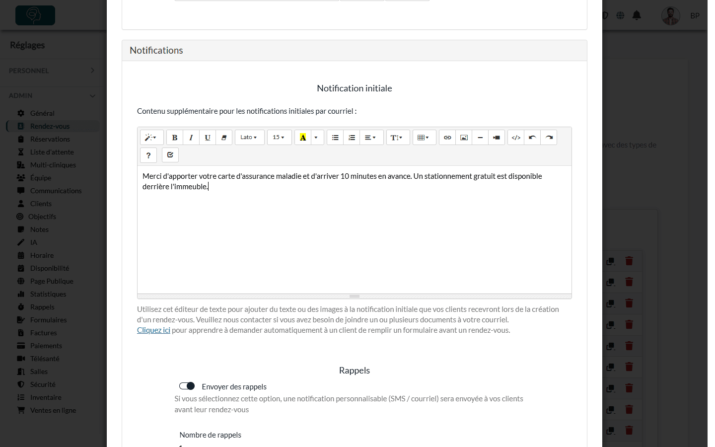Contenu supplémentaire pour les notifications initiales par courriel dans la section Notifications d'un type de rendez-vous