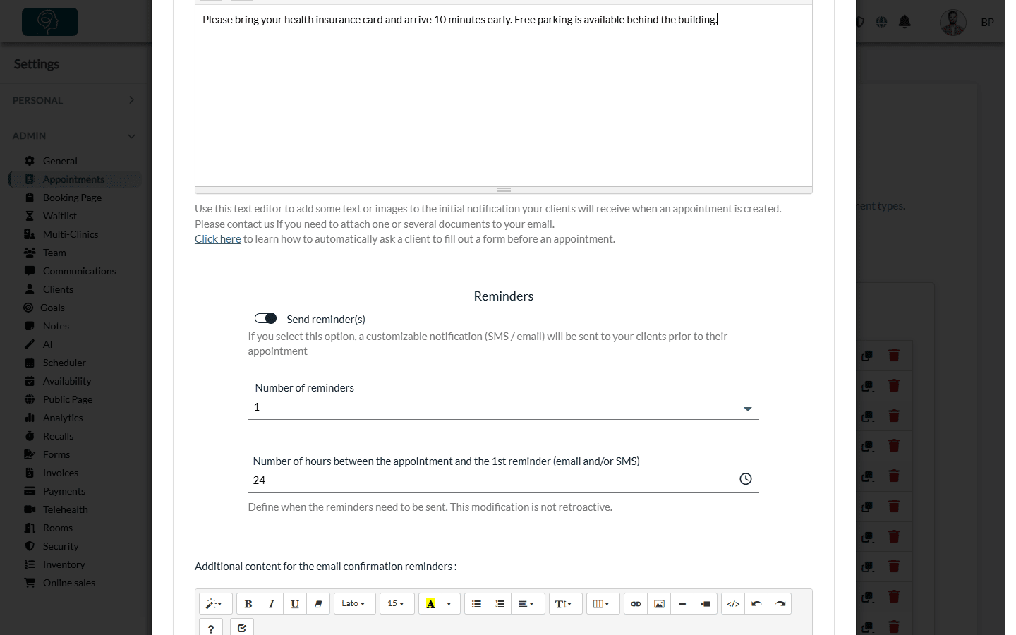 Reminders: Send reminder(s), number of reminders, hours before the appointment and additional content