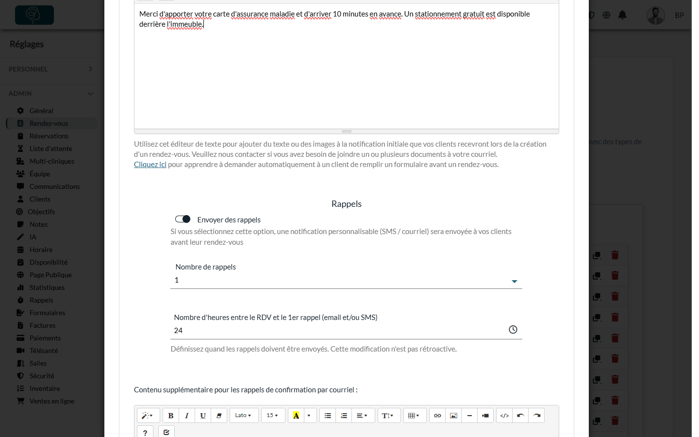 Rappels : Envoyer des rappels, nombre de rappels, heures avant le rendez-vous et contenu supplémentaire