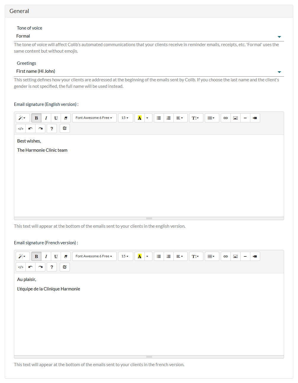 General section of Settings > Communications: tone of voice, greetings and email signature