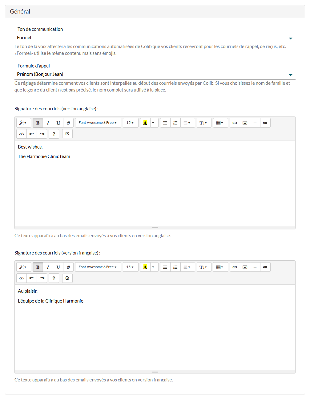 Section Général de Réglages > Communications : ton, formule d'appel et signature des courriels