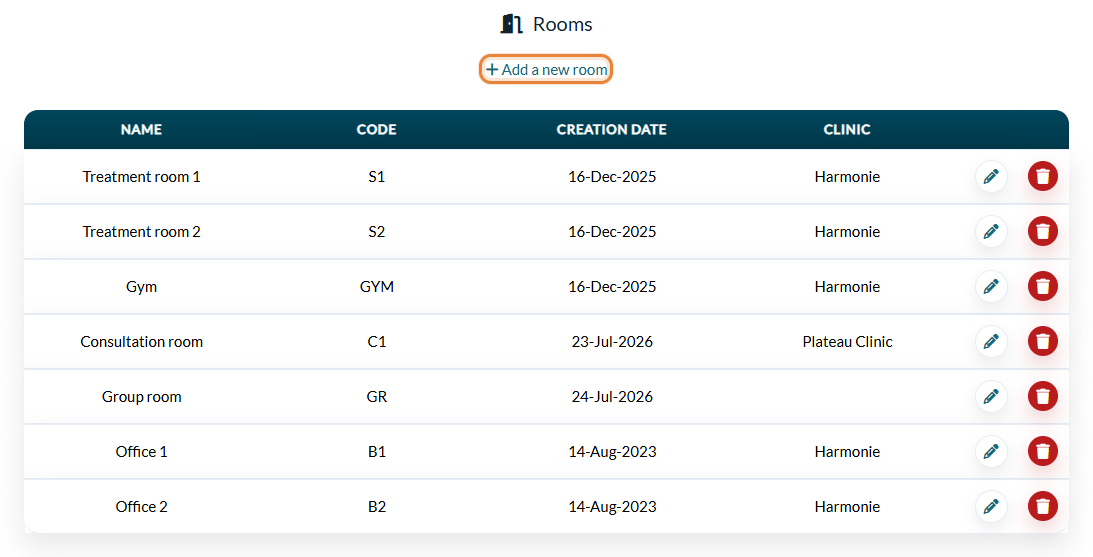 Rooms list in Settings > Rooms with the Add a new room link