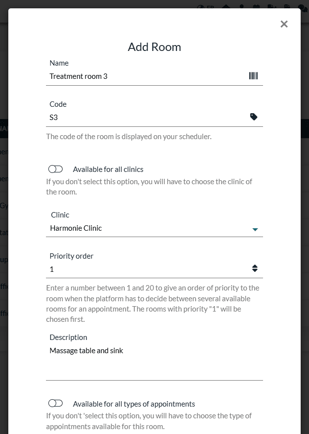 Add Room window: name, code, priority order, description and appointment types