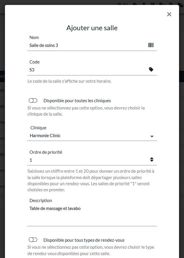 Fenêtre Ajouter une salle : nom, code, ordre de priorité, description et types de rendez-vous