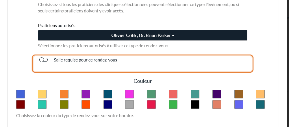 Option Salle requise pour ce rendez-vous dans la fenêtre d'un type de rendez-vous