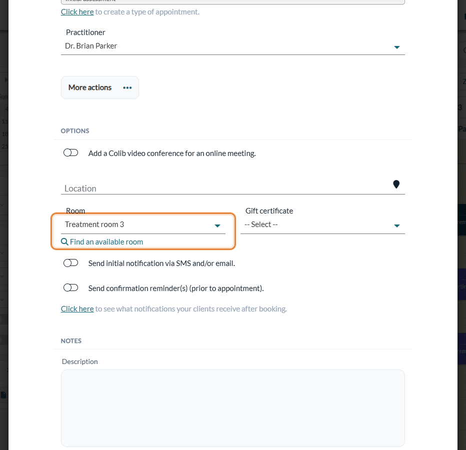Room field and Find an available room link in the appointment window