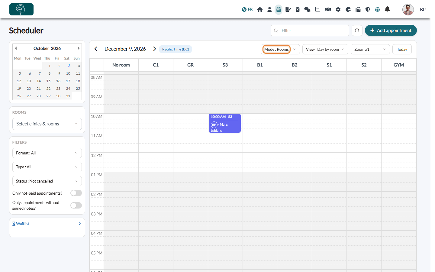 Scheduler in Rooms mode with one column per room