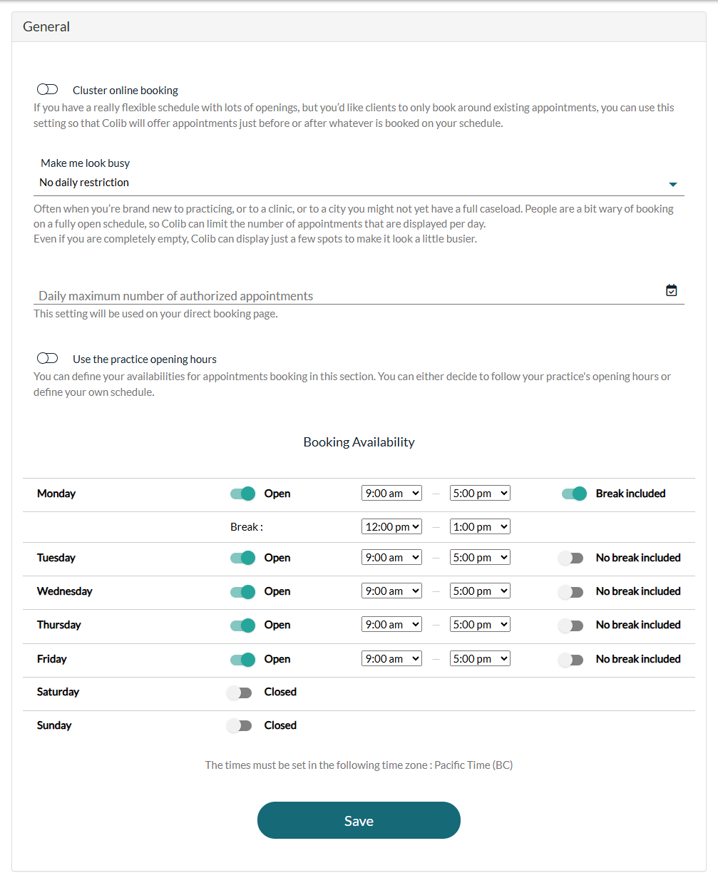 Availability tab with the Booking Availability table: Monday to Friday open, lunch break on Monday