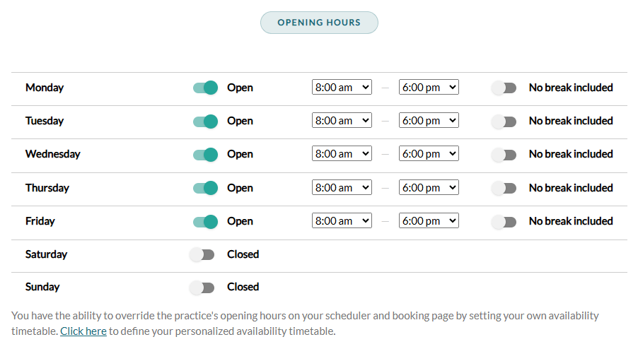Opening Hours section of Settings > General