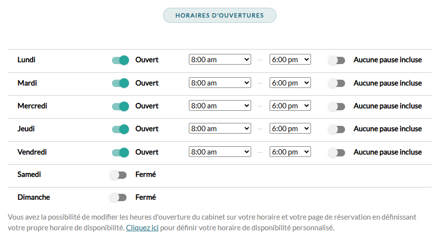 Section Horaires d'ouvertures de Réglages > Général