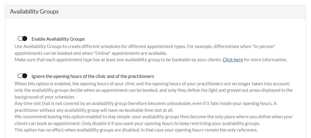 Availability groups options in Settings > Availability