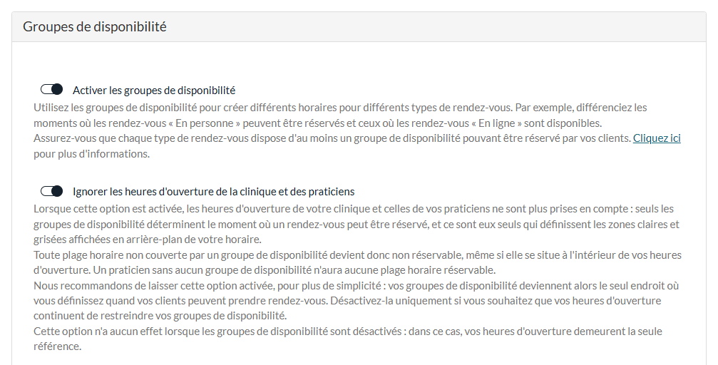 Options des groupes de disponibilité dans Réglages > Disponibilité