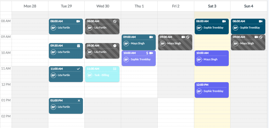 Scheduler week with appointments showing different icons in their top right corner