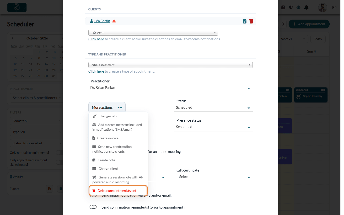 More actions menu of an appointment with the Delete appointment/event option