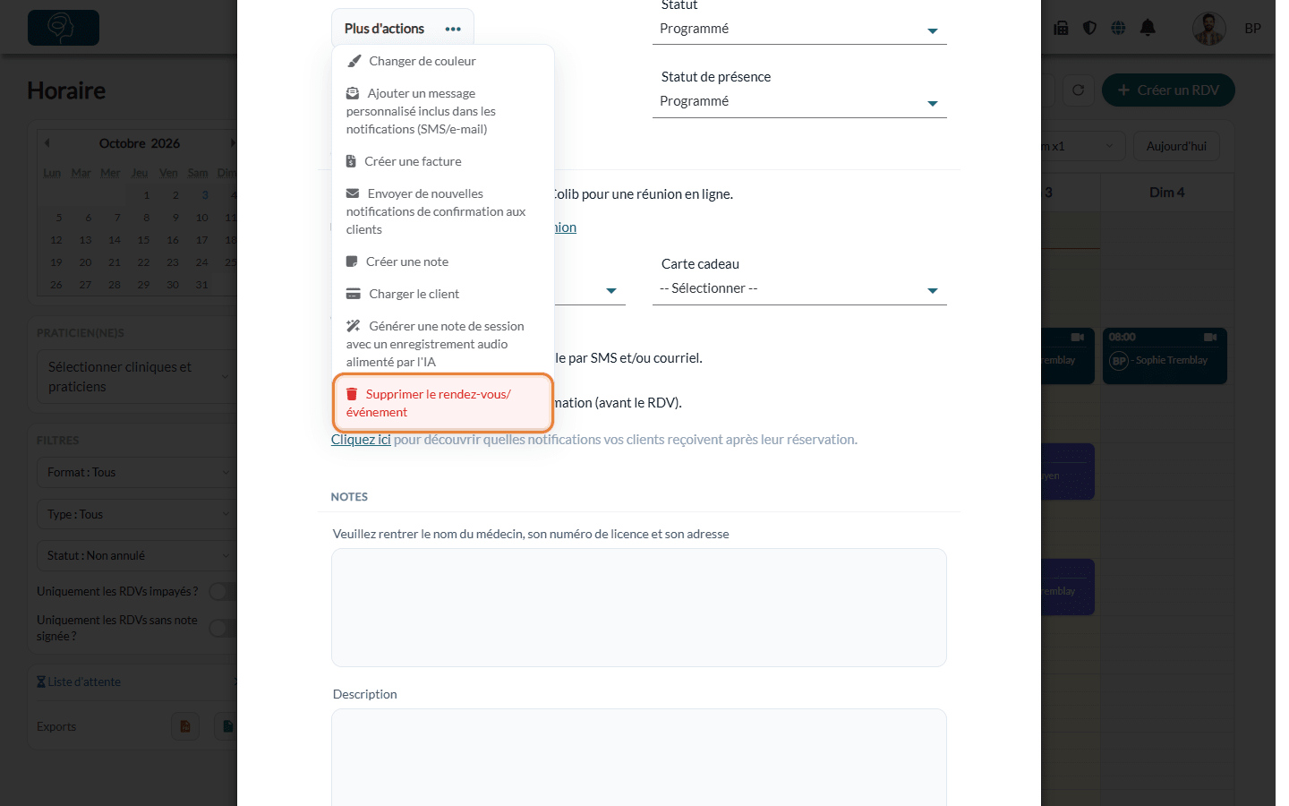 Menu Plus d'actions d'un rendez-vous avec l'option Supprimer le rendez-vous/événement