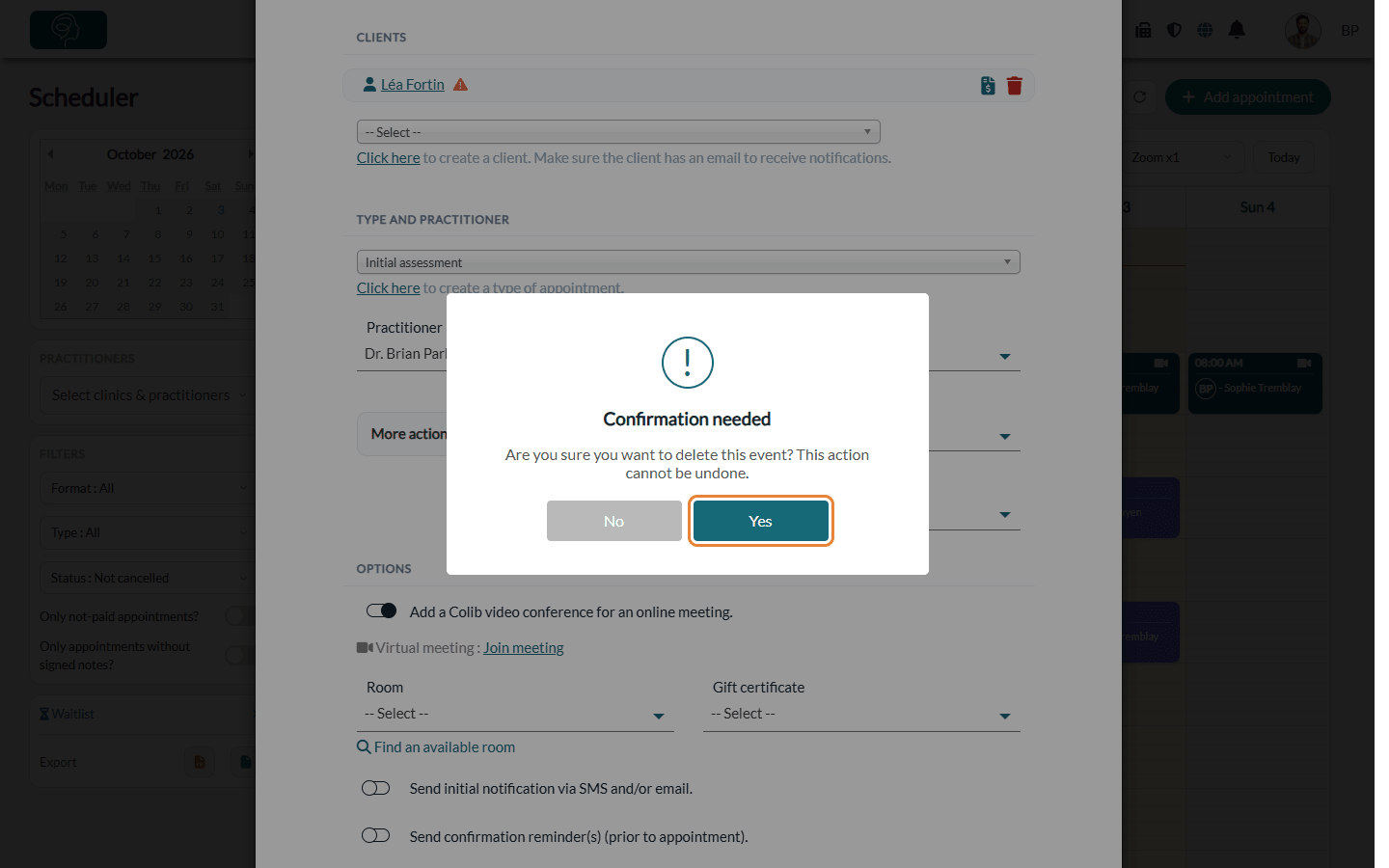 Confirmation message before deleting the appointment