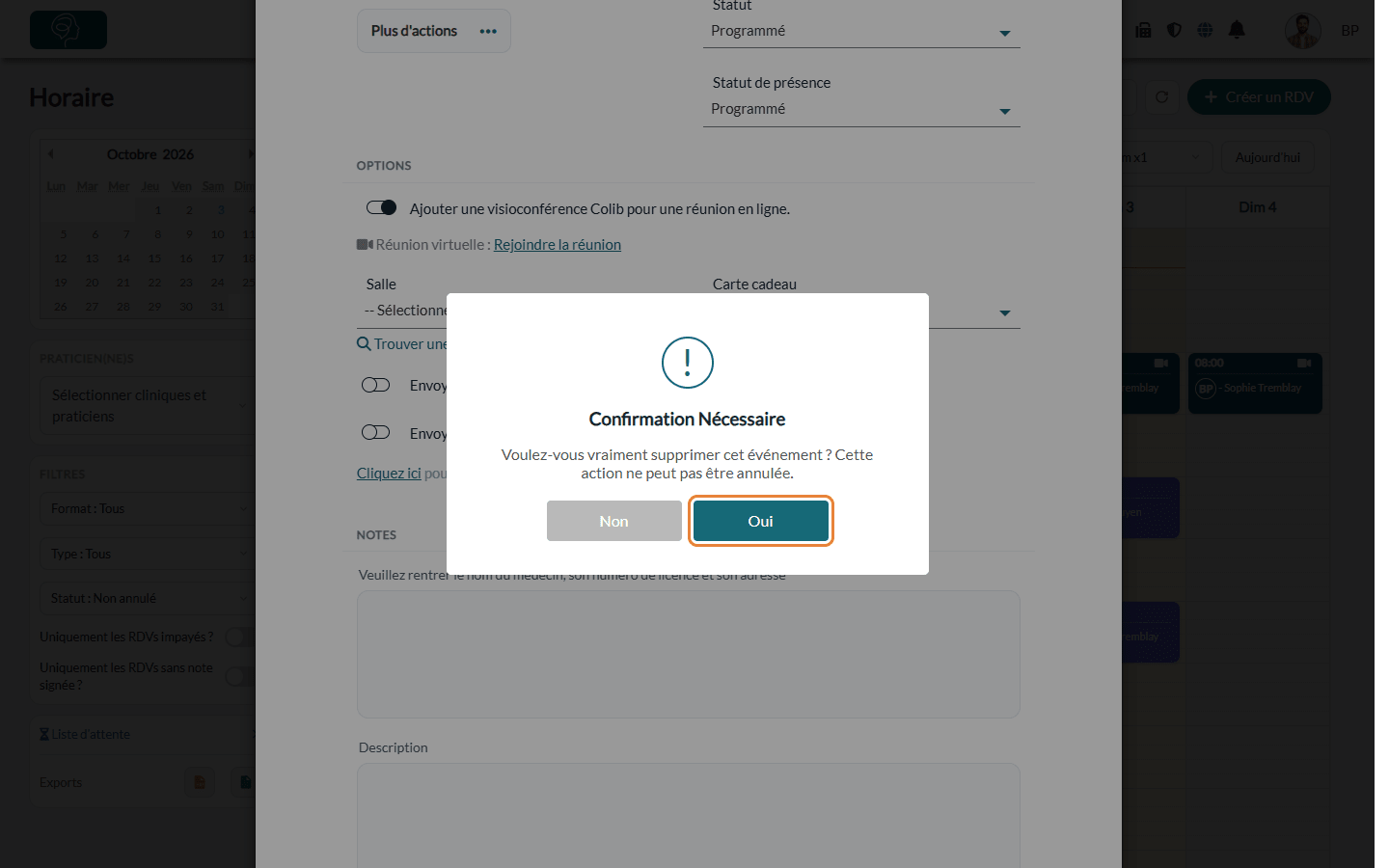 Message de confirmation avant la suppression du rendez-vous