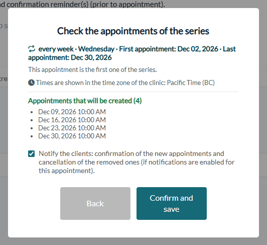 Check the appointments of the series window with the list of appointments that will be created