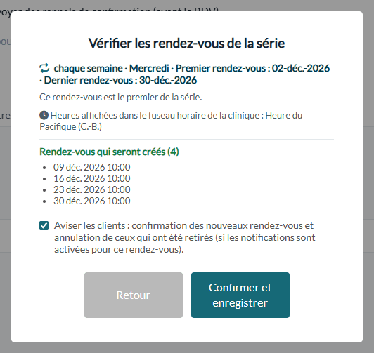 Fenêtre Vérifier les rendez-vous de la série avec la liste des rendez-vous qui seront créés