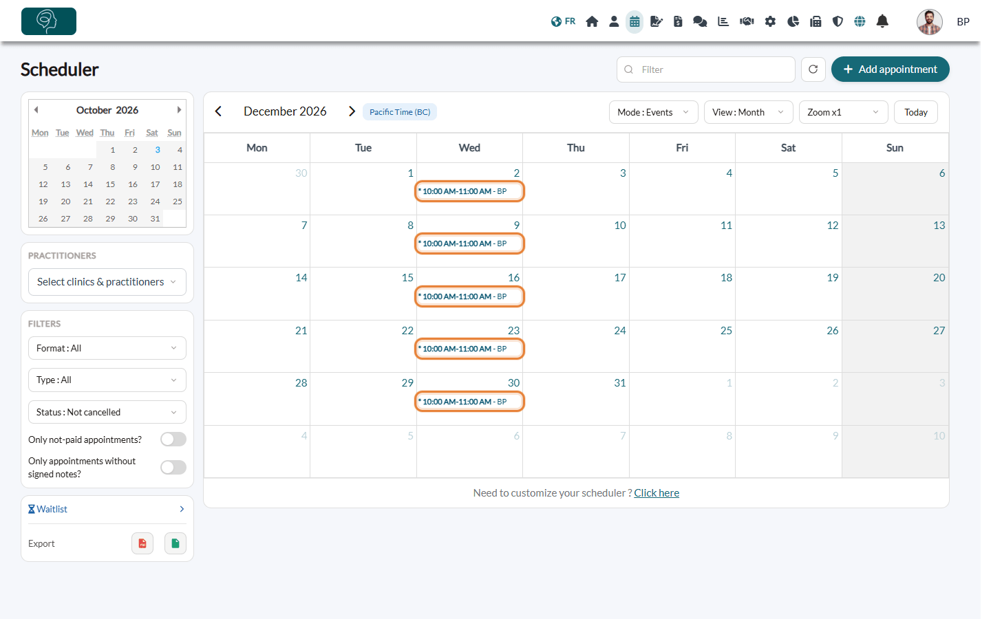 The appointments of a weekly series in the month view of the scheduler
