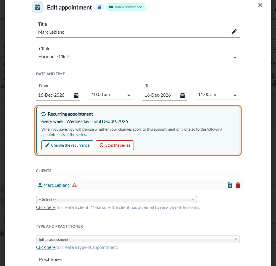 Recurring appointment card with the Change the recurrence and Stop the series buttons