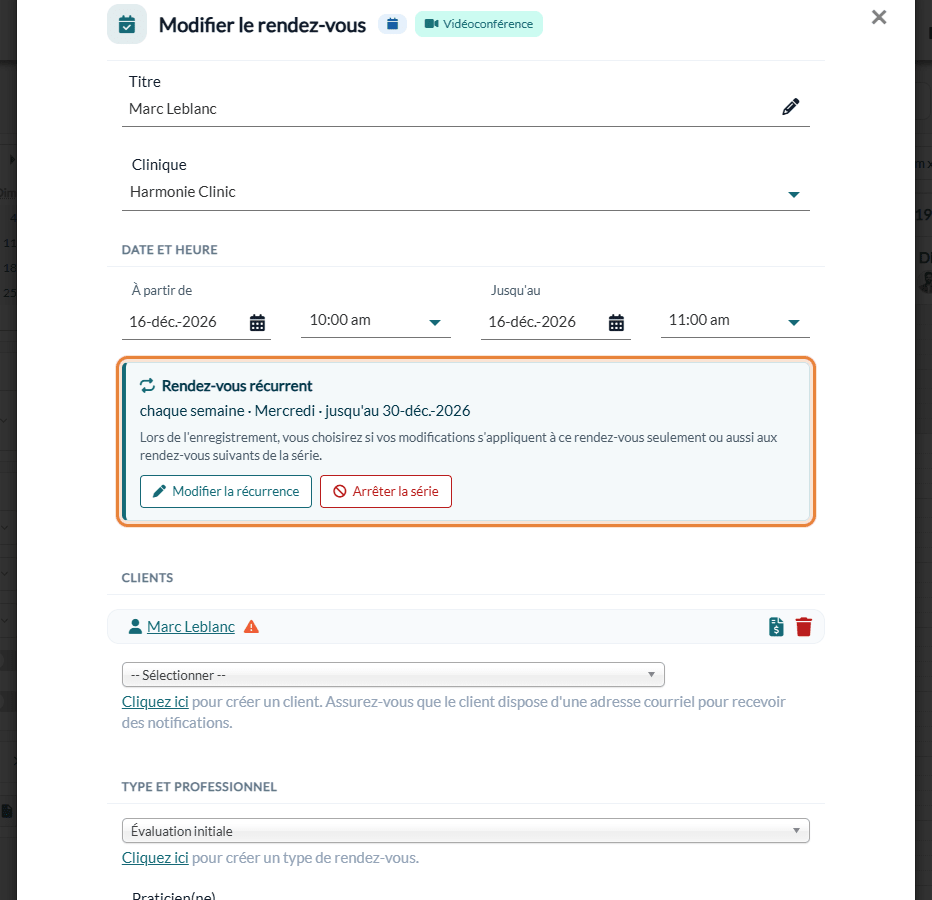 Carte Rendez-vous récurrent avec les boutons Modifier la récurrence et Arrêter la série