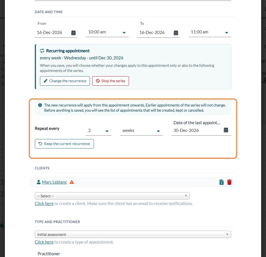Change the recurrence: new interval and Keep the current recurrence button