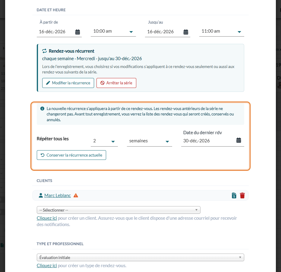 Modifier la récurrence : nouvel intervalle et bouton Conserver la récurrence actuelle