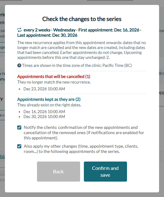 Check the changes to the series window after a change of frequency
