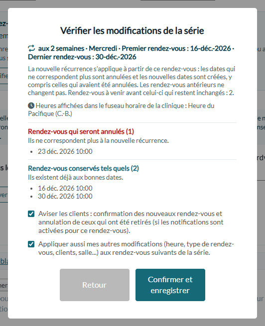 Fenêtre Vérifier les modifications de la série après un changement de fréquence