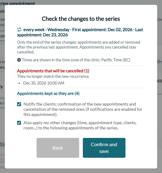 Check the changes to the series window after an earlier end date: the last appointment will be cancelled
