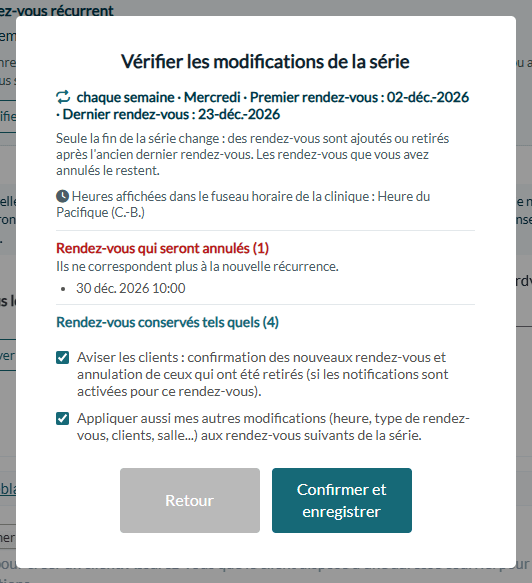 Fenêtre Vérifier les modifications de la série après une date de fin avancée : le dernier rendez-vous sera annulé