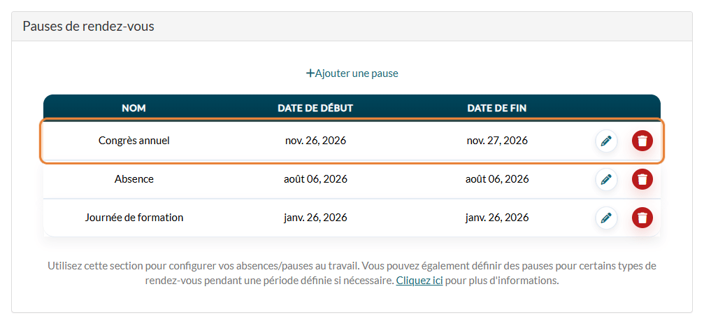 Liste des pauses de rendez-vous avec les icônes de modification et de suppression