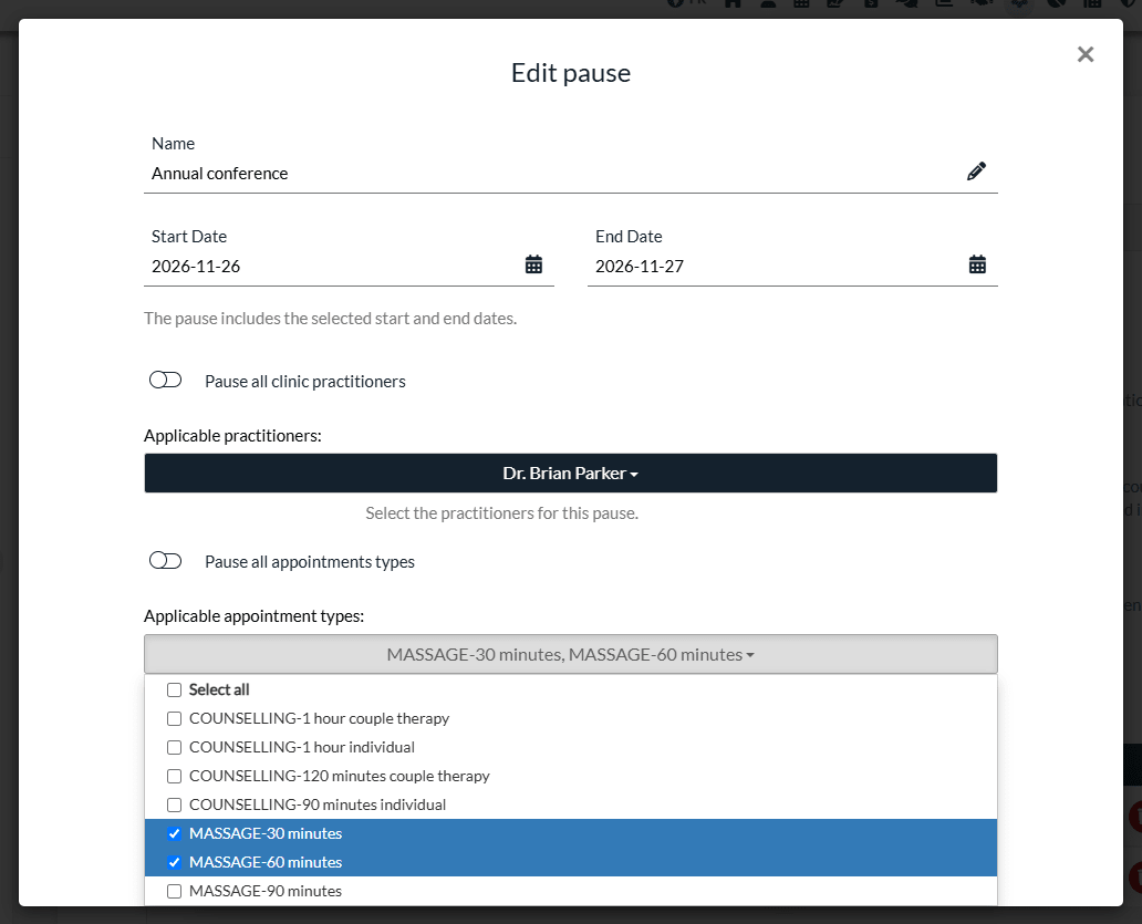 Pause limited to two appointment types