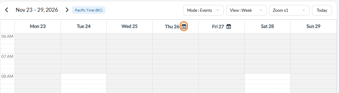 Pause icon next to the dates in the scheduler week view