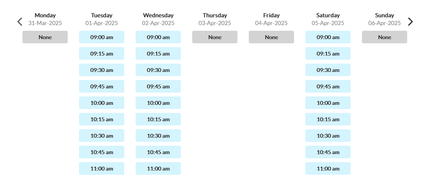 Booking page with no time slot on the two paused days