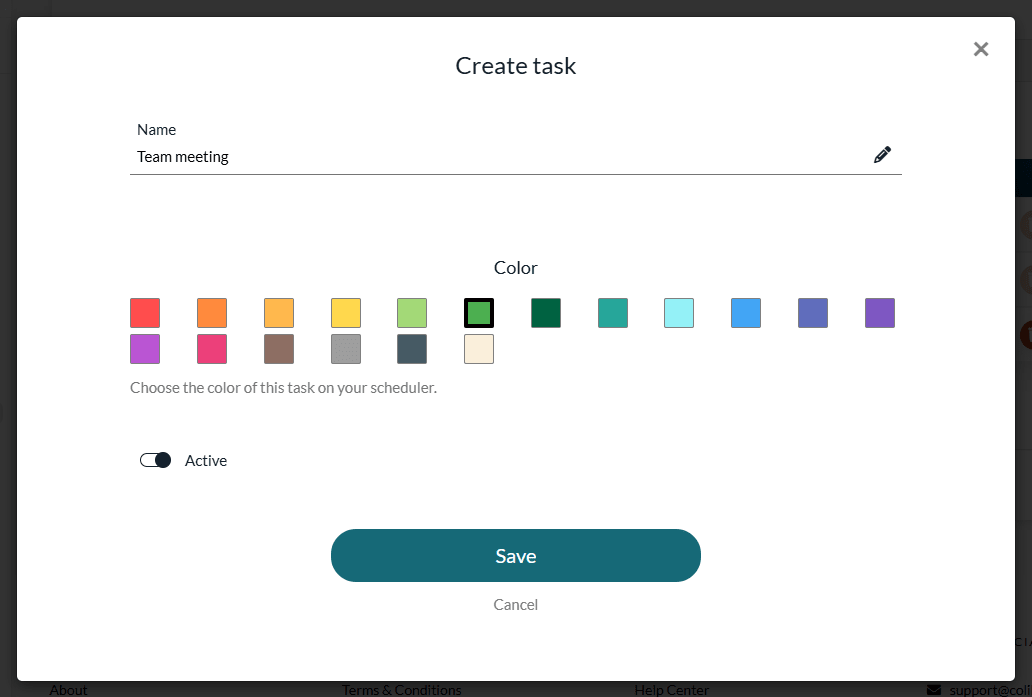 Create task window with a name, a color palette and the Active switch