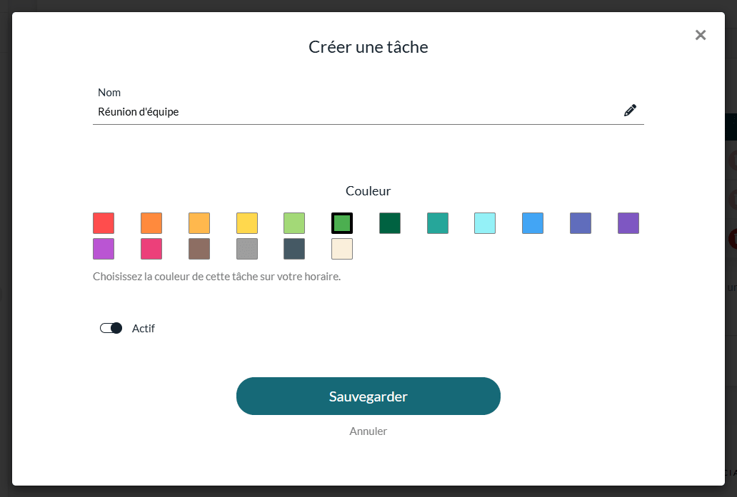 Fenêtre Créer une tâche avec un nom, une palette de couleurs et l'interrupteur Actif