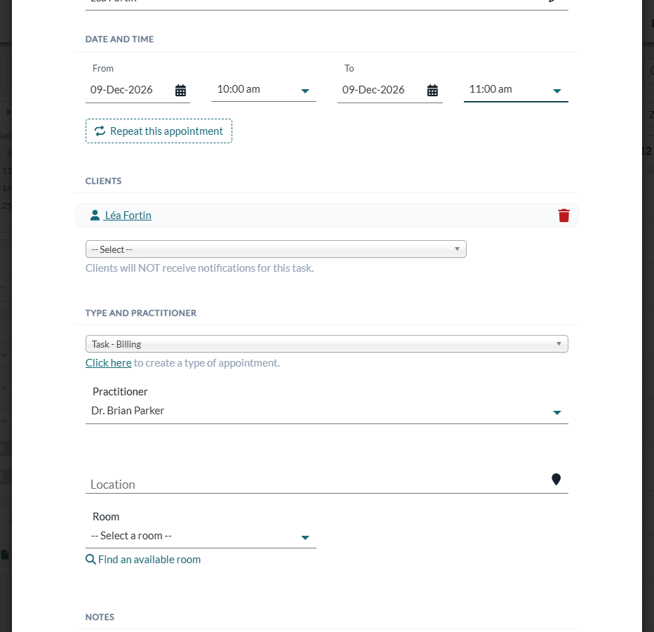 New event window with a task type and a client selected
