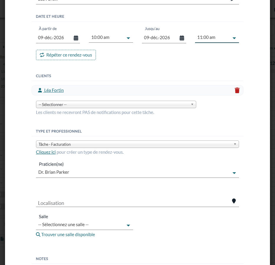 Fenêtre Nouvel événement avec un type de tâche et un client sélectionnés