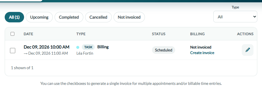 Appointments and tasks list of a client record with a task