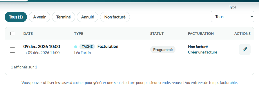 Liste des rendez-vous et des tâches d'un dossier client avec une tâche
