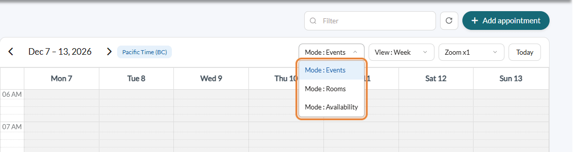 Mode list of the scheduler with the Availability option