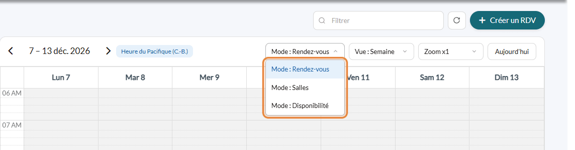 Liste Mode de l'horaire avec l'option Disponibilité