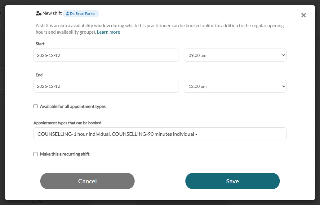 New shift window with two appointment types selected